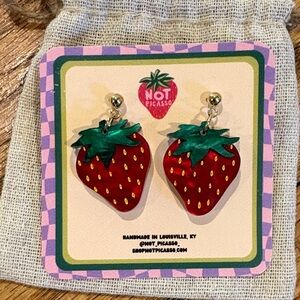 Strawberry Earrings with Green Leaves